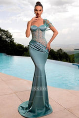 Stylish Long Mermaid One Shoulder Beading Satin Sleeveless Prom Evening Dresses