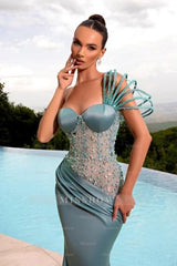 Stylish Long Mermaid One Shoulder Beading Satin Sleeveless Prom Evening Dresses