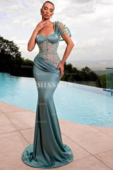 Stylish Long Mermaid One Shoulder Beading Satin Sleeveless Prom Evening Dresses