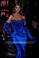 Stylish Long Royal Blue Strapless Velvet Beading Mermaid Prom Evening Dresses