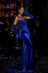 Stylish Long Royal Blue Strapless Velvet Beading Mermaid Prom Evening Dresses