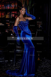 Stylish Long Royal Blue Strapless Velvet Beading Mermaid Prom Evening Dresses