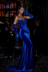 Stylish Long Royal Blue Strapless Velvet Beading Mermaid Prom Evening Dresses