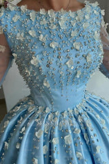 Stylish Long Sky Blue A-line Satin Rhinestones Prom Evening Dresses with Long Sleeves
