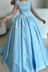 Stylish Long Sky Blue A-line Satin Rhinestones Prom Evening Dresses with Long Sleeves