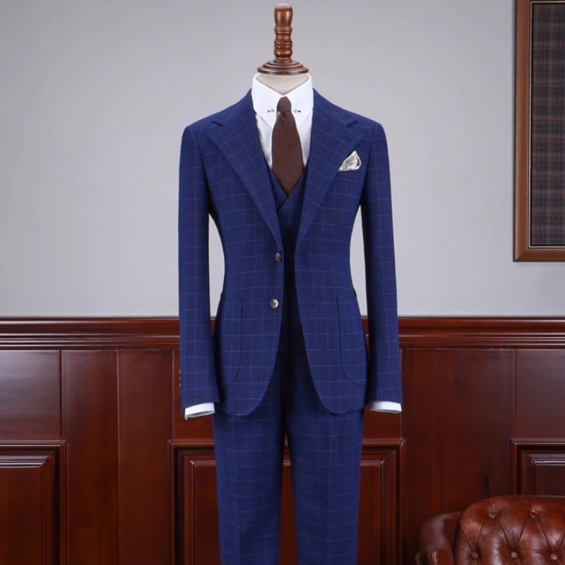 Stylish Midnight Blue Checkered Notch Lapel Three-Piece Business Suit
