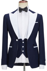 Stylish Navy Blue Peak Lapel Slim Fit Three-Piece Men’s Attire