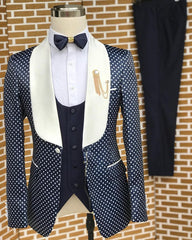 Stylish Navy Blue Shawl Collar Three-Piece Dot Wedding Ensemble