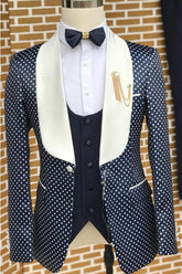 Stylish Navy Blue Shawl Collar Three-Piece Dot Wedding Ensemble