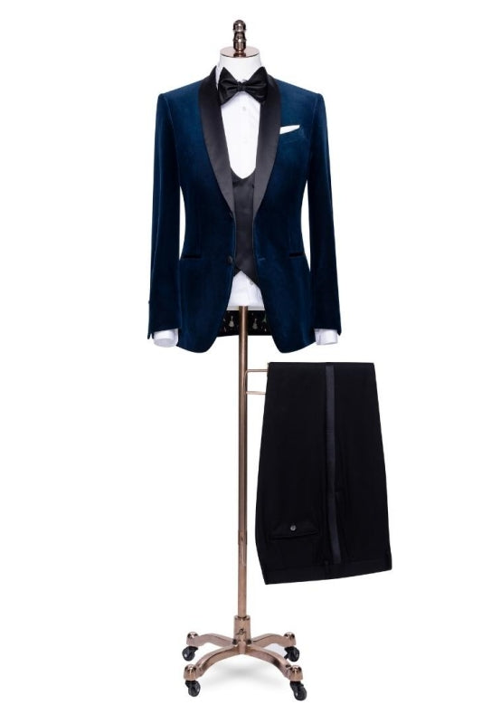 Stylish Navy Blue Shawl Lapel Three-Piece Velvet Suit
