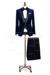 Stylish Navy Blue Shawl Lapel Three-Piece Velvet Suit