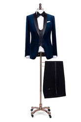 Stylish Navy Blue Shawl Lapel Three-Piece Velvet Suit