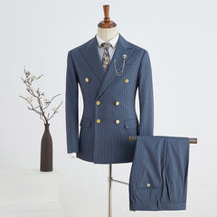 Stylish Navy Blue Striped Double Breasted Slim Fit Tailored Business Suit