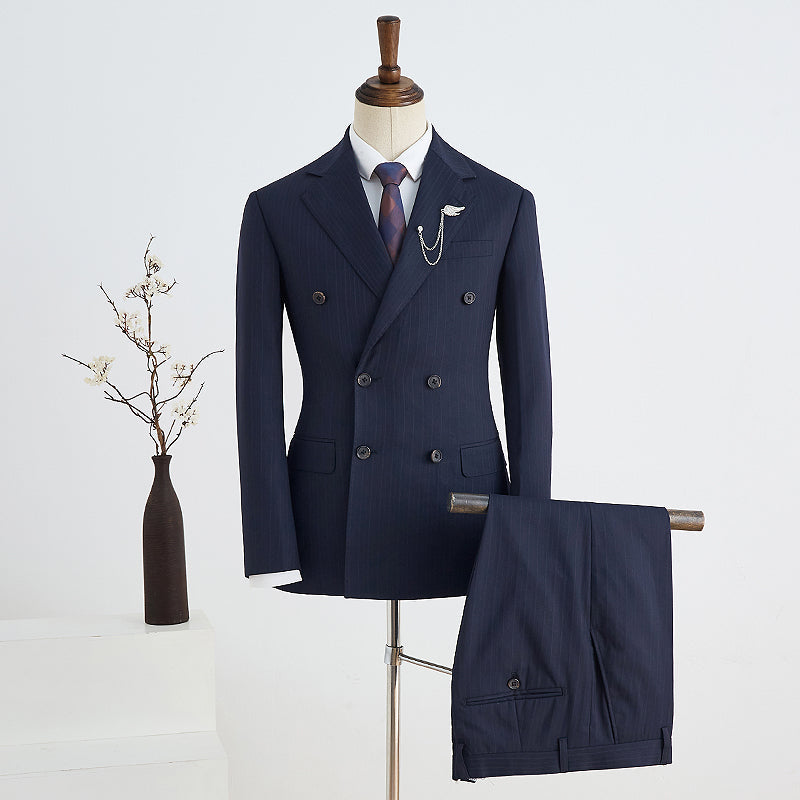 Stylish Navy Blue Striped Notched Lapel Double Breasted Custom Business Suit