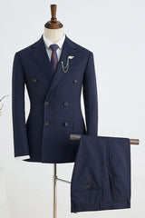 Stylish Navy Blue Striped Notched Lapel Double Breasted Custom Business Suit