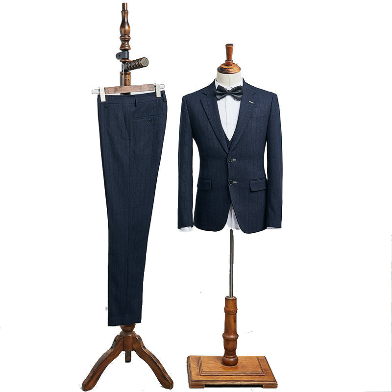 Stylish Navy Blue Striped Three Pieces Notched Lapel Business Suit