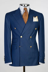 Stylish Navy Striped Peak Lapel Double Breasted Business Men’s Suits