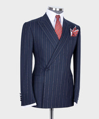 Stylish Navy Two-Piece Striped One Button Suit with Peaked Lapel