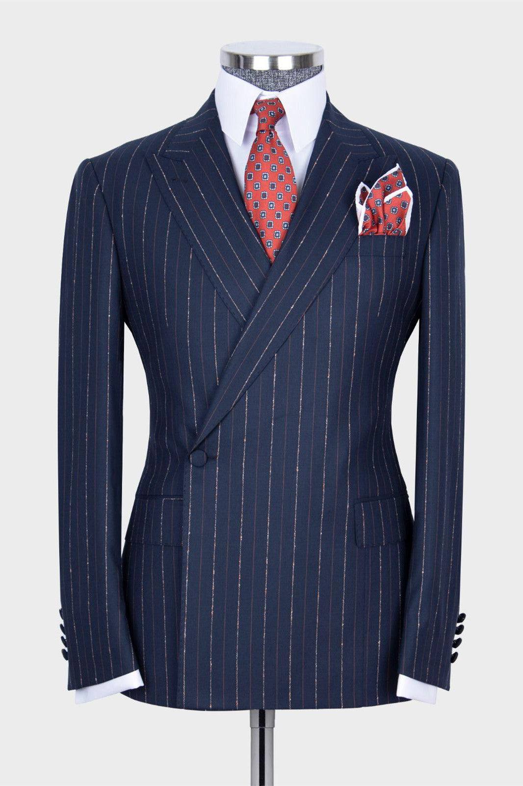 Stylish Navy Two-Piece Striped One Button Suit with Peaked Lapel