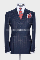 Stylish Navy Two-Piece Striped One Button Suit with Peaked Lapel