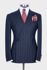 Stylish Navy Two-Piece Striped One Button Suit with Peaked Lapel