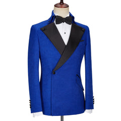 Stylish New Arrival Royal Blue Jacquard Wedding Suit with Black Lapel