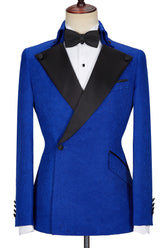 Stylish New Arrival Royal Blue Jacquard Wedding Suit with Black Lapel