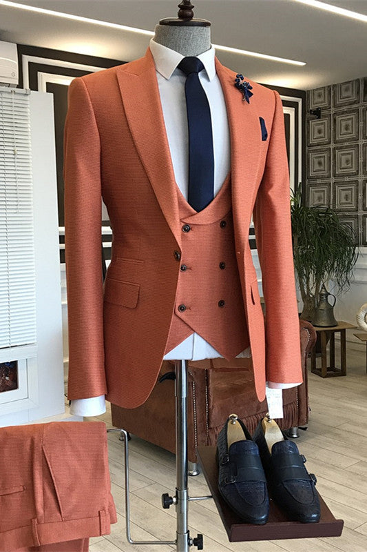 Stylish Orange Peaked Lapel Three-Piece Prom Suit For Men