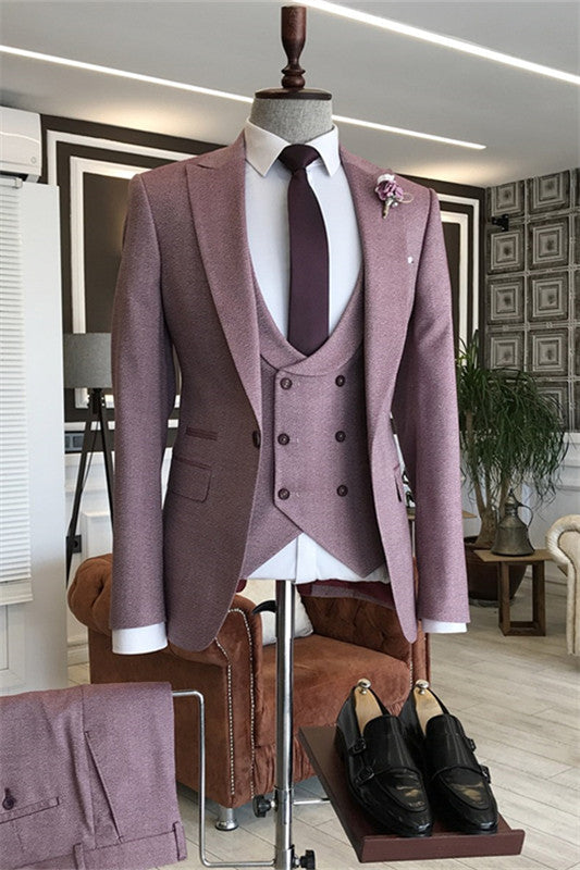 Stylish Plum Peaked Lapel Three-Piece Prom Suit For Men