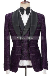 Stylish Purple Sequined Shawl Collar Three-Piece Wedding Ensemble