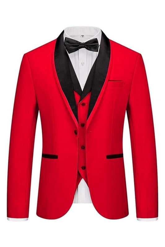 Stylish Red Three-Piece Shawl Lapel Suit for Men's Wedding