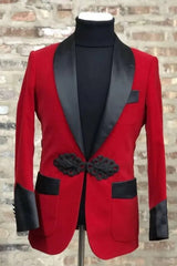 Stylish Red Velvet Groom's Suit With Black Satin Lapel