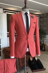 Stylish Rose Red Two-Piece Peaked Lapel Prom Suit