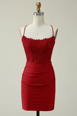 Stylish Sheath Spaghetti Straps Royal Blue Short Homecoming Dress with Appliques
