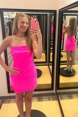 Stylish Sheath Strapless Hot Pink Short Homecoming Dress with Criss Cross Back