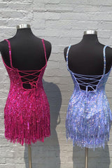 Stylish Tight Spaghetti Straps Fuchsia/Blue Sequins Short Homecoming Dress with Tassel