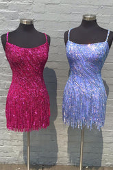 Stylish Tight Spaghetti Straps Fuchsia/Blue Sequins Short Homecoming Dress with Tassel