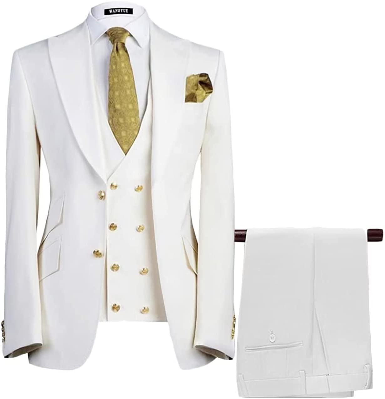 Stylish White Three-Piece Peaked Lapel Prom Ensemble For Men