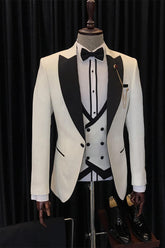Stylish White Three-Piece Wedding Men’s Suits with Black Peaked Lapel