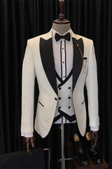 Stylish White Three-Piece Wedding Men’s Suits with Black Peaked Lapel