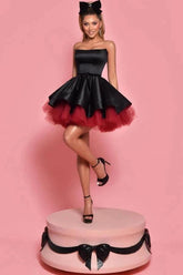 Sweet Chic Strapless Satin Corset Bow Waist Layered Tulle A-Line Mini Party Dress