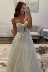 Sweetheart A-Line Long Corset Prom Dress in Glitter White