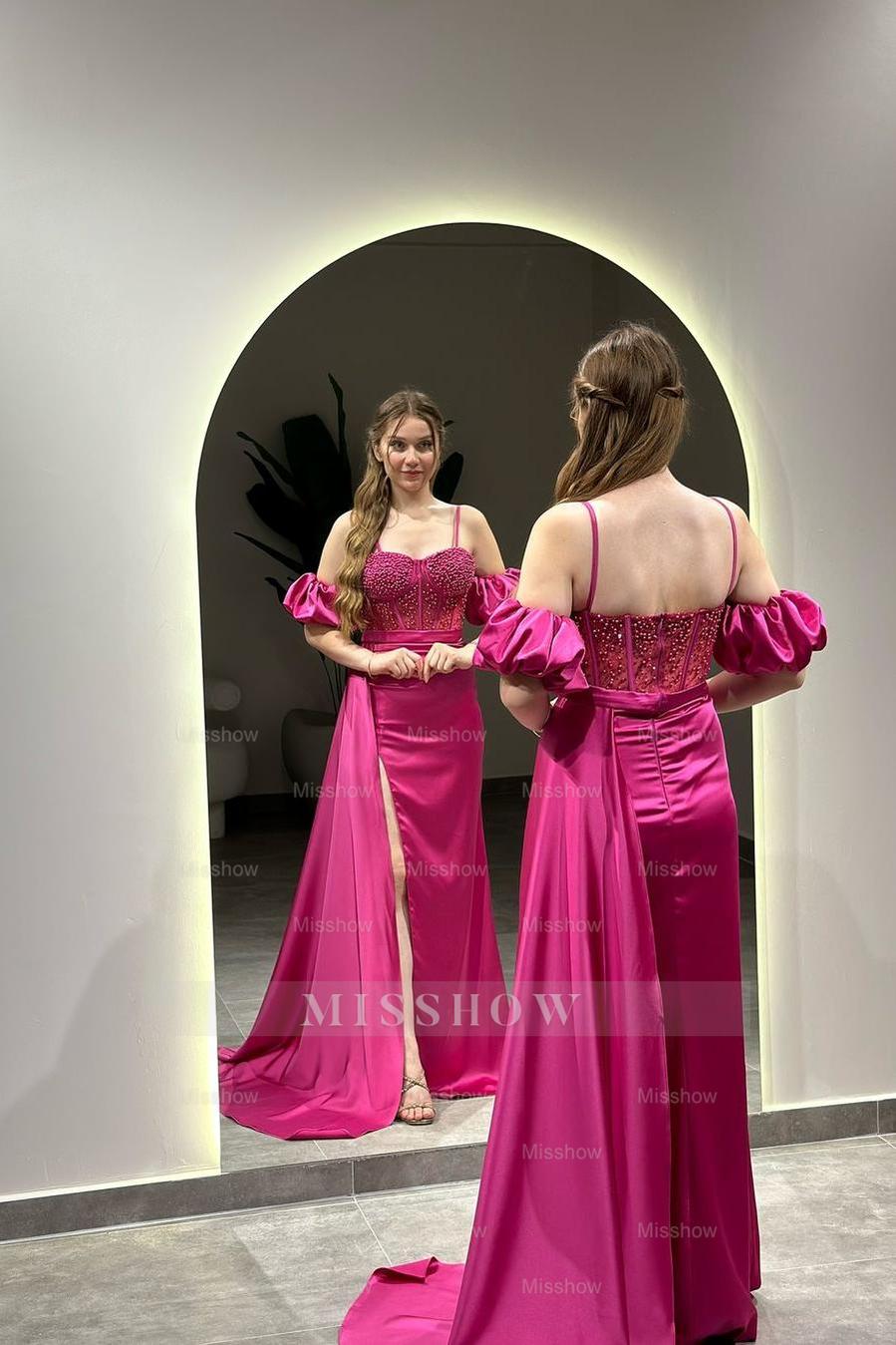 Sweetheart Bubble Sleeves High Split Long Formal Dress With Beading