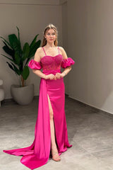 Sweetheart Bubble Sleeves High Split Long Formal Dress With Beading