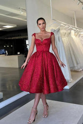 Sweetheart Cap Sleeve Bow Belt Glitter Lace Corset A-Line Tea Length Cocktail Dress