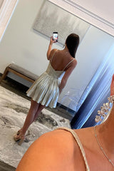 Sweetheart Chest Cutout Spaghetti Straps Metallic Pleated Ruched Waist Open Back A-Line Homecoming Dress Mini