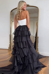 Sweetheart Chiffon A-Line Prom Dress in Black and White with Tiered Long Skirt and Slit