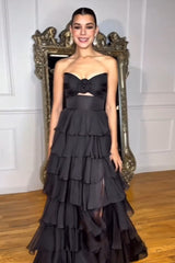 Sweetheart Chiffon A-Line Prom Dress in Black and White with Tiered Long Skirt and Slit
