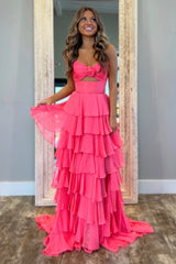 Sweetheart Chiffon A-Line Prom Dress in Black and White with Tiered Long Skirt and Slit