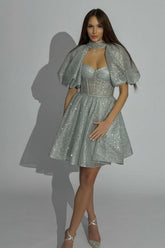 Sweetheart Corset Glitter Sequin Dramatic Puff Sleeve Bow A-Line Mini Party Dress